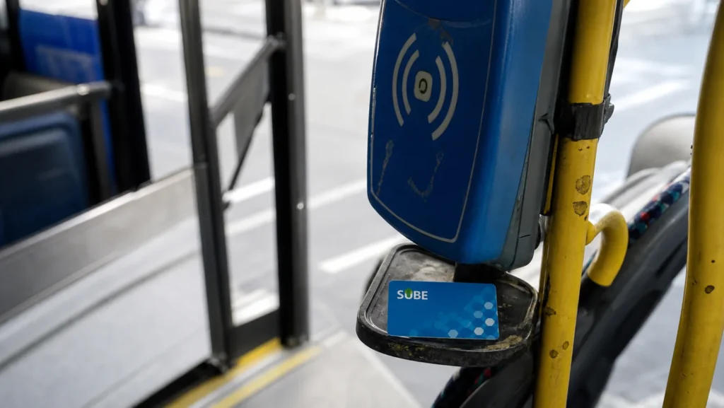 Tarjeta SUBE junto a una validadora de colectivo