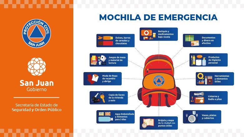 Mochila de emergencia recomendada ante sismos en San Juan